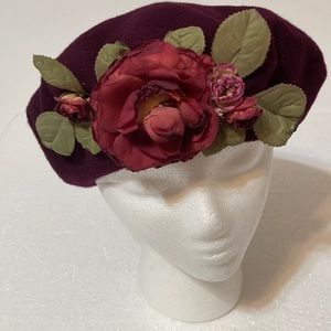 NEW WINE COLORED BERET WOOL HAT WITH FRONT FLORAL EMBELLISHMENT